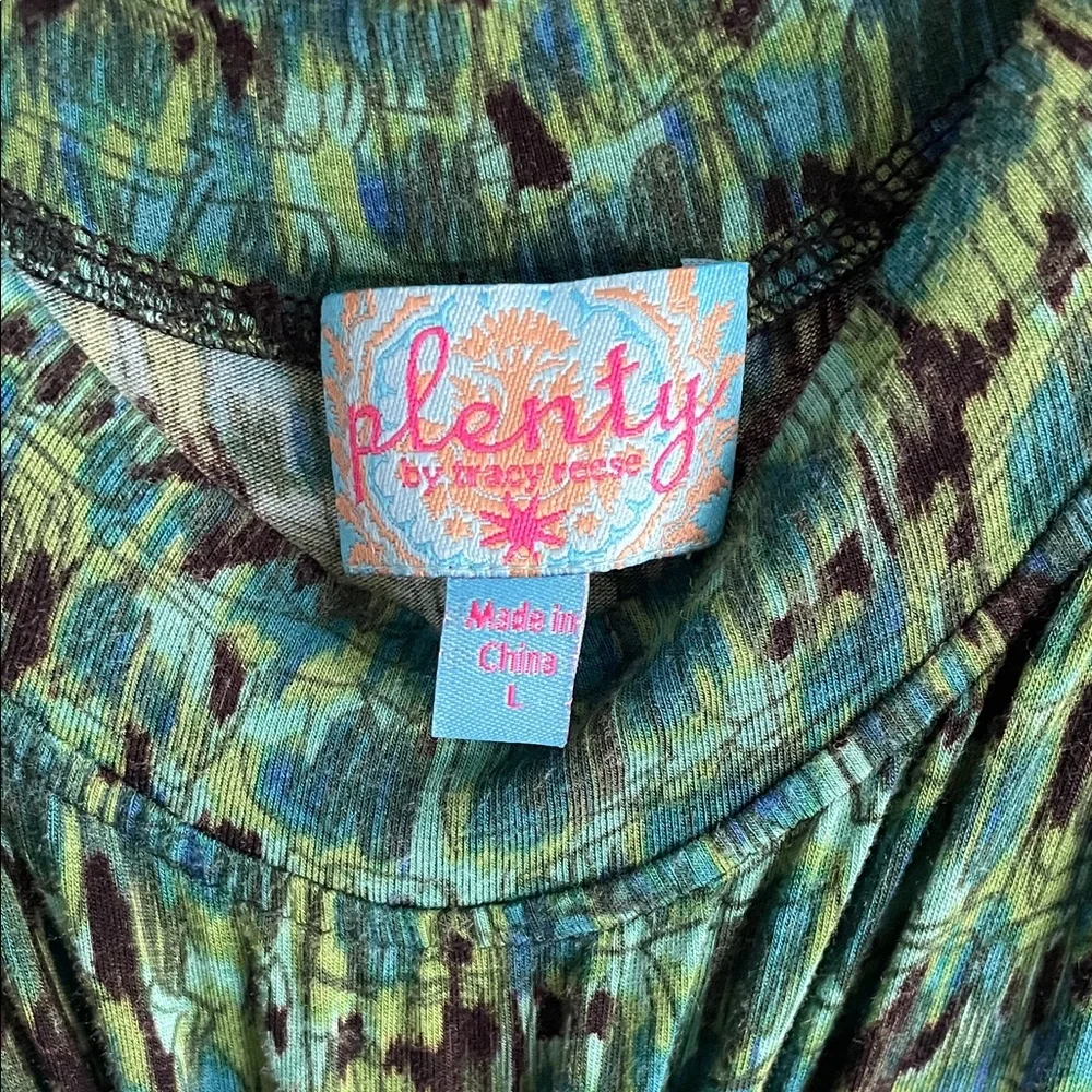 Plenty by Tracy Reese Green Patterned Midi Dress with Black Ruched Waist - Picture 2 of 7